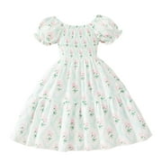 Zwiiyzr Baby Girl Clothes Floral Dress Crewneck Puff Sleeve A-Line Smocked Dress Toddler Baby Girl Clothes Summer Dress 2-8T Green